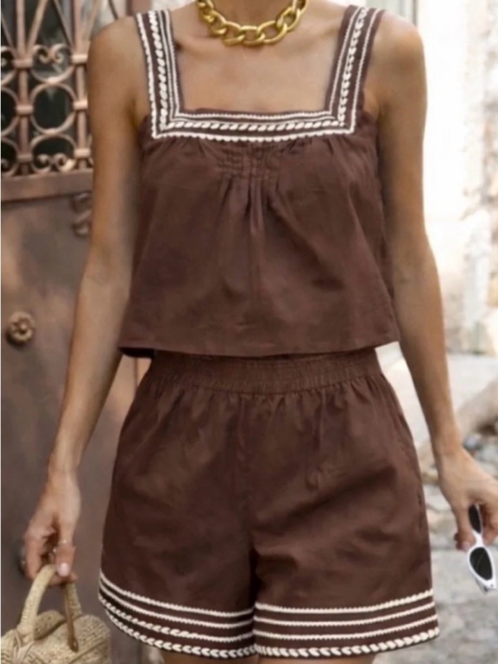Caroline Constas Brown Two-Piece Set with Cream Embroidered Trim - Picture 14 of 14
